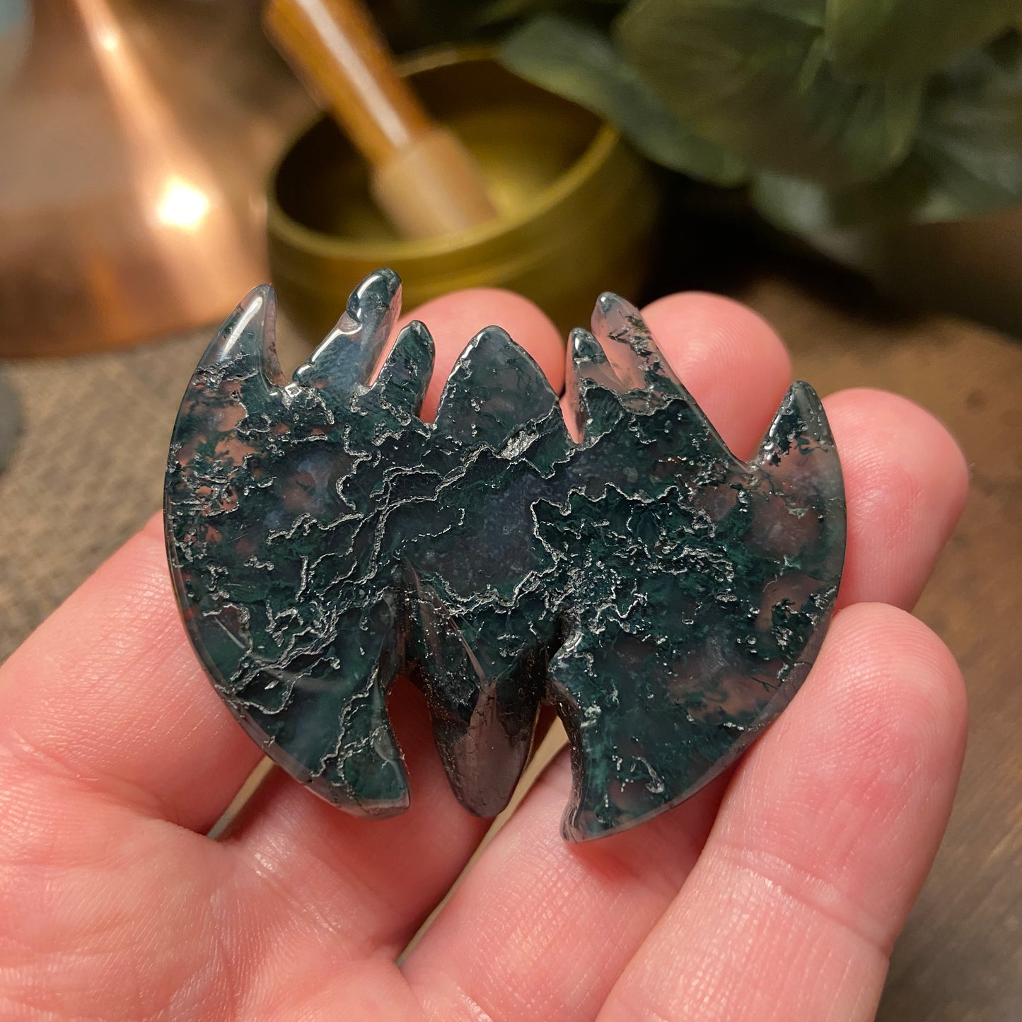 Moss Agate Bat 55mm - Earth Elements UK