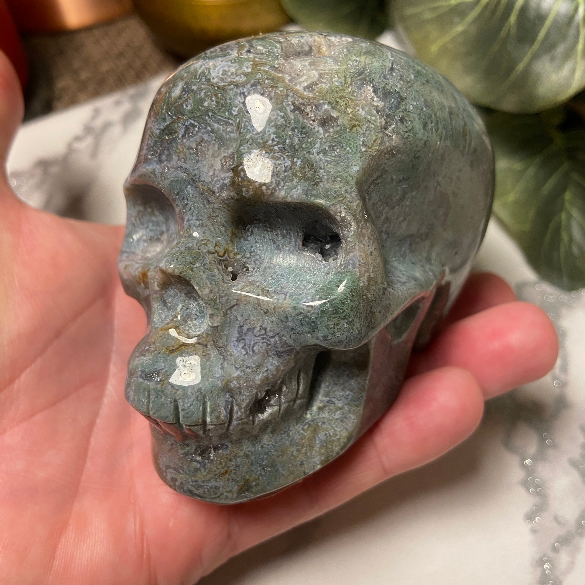 Ocean Jasper Druzy Large Skull – 525g - Earth Elements UK