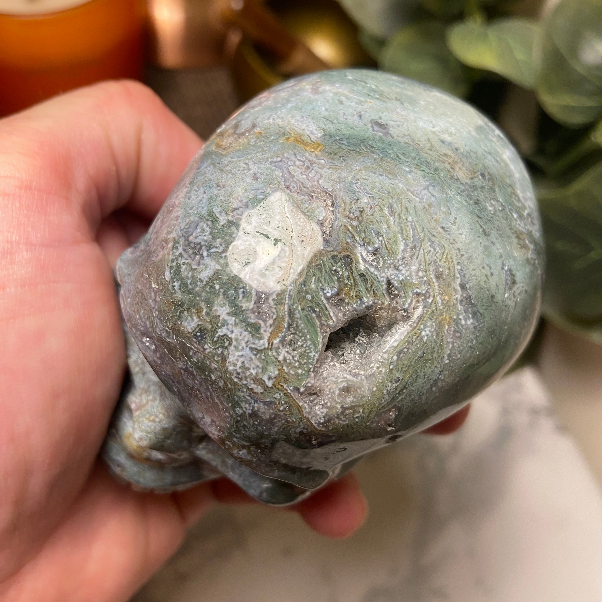 Ocean Jasper Druzy Large Skull – 525g - Earth Elements UK