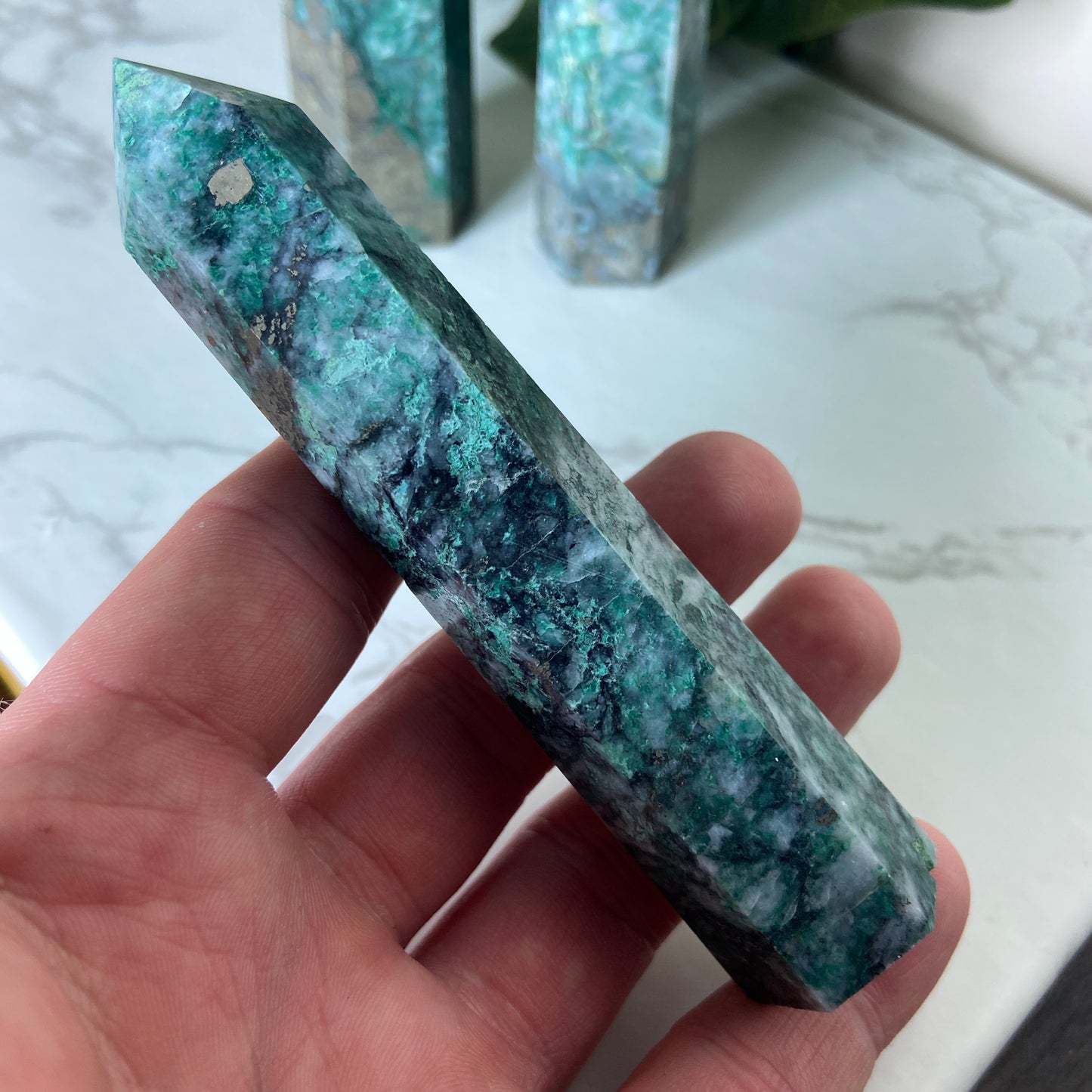 Green Jasper & Pyrite Points - Earth Elements UK