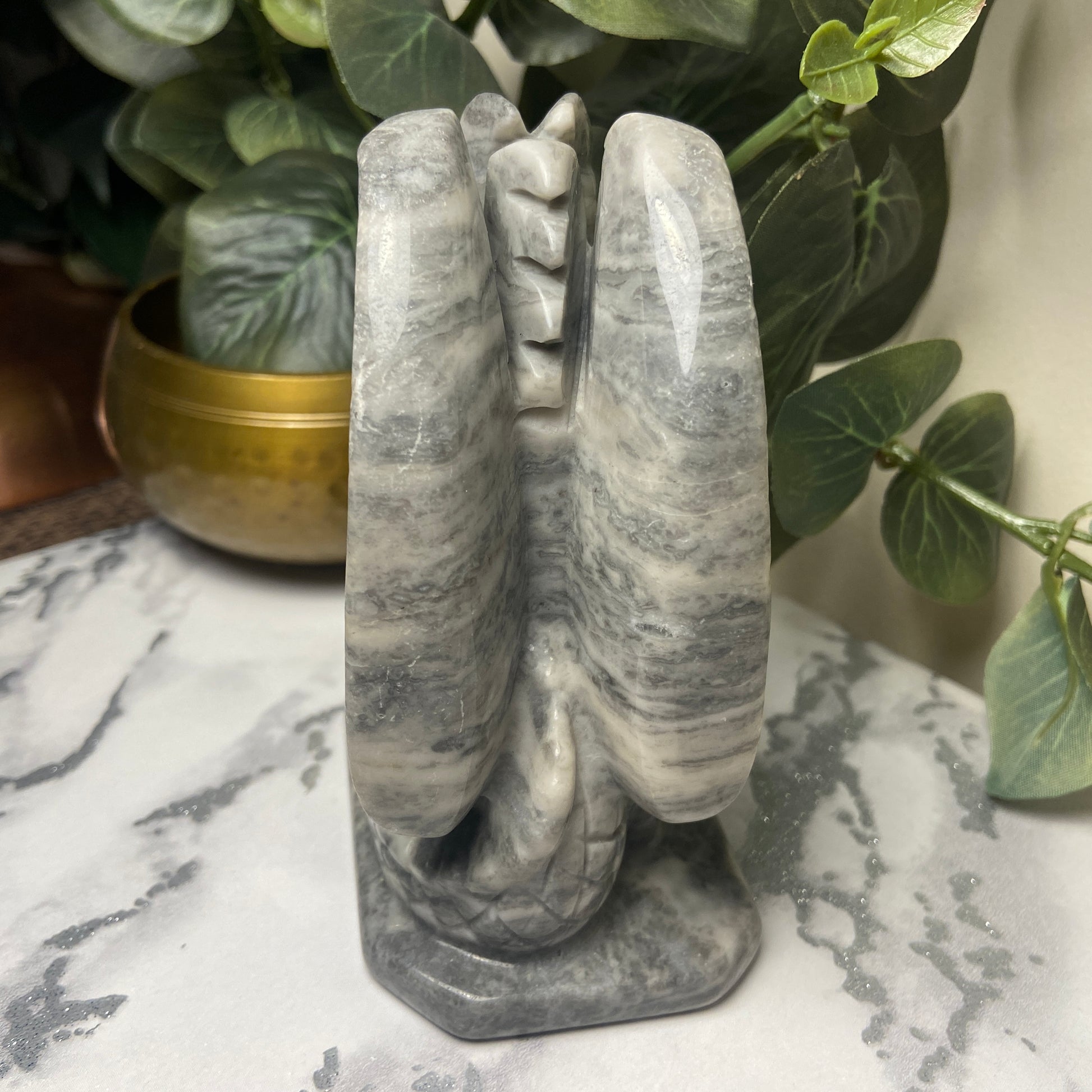 Grey Banded Jade Sitting Dragon Carving - Earth Elements UK
