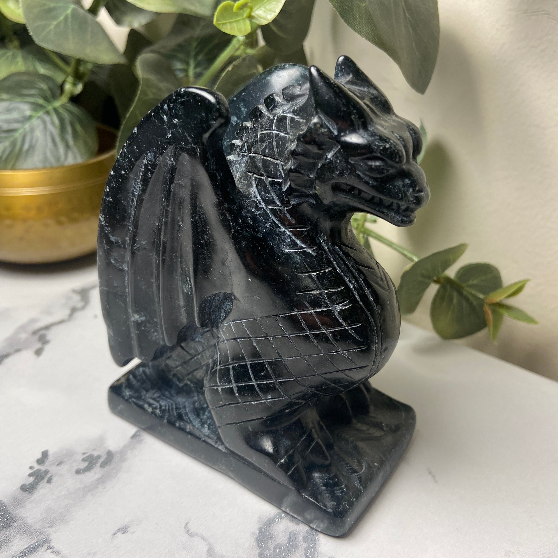 Black Jade Sitting Dragon Carving - Earth Elements UK
