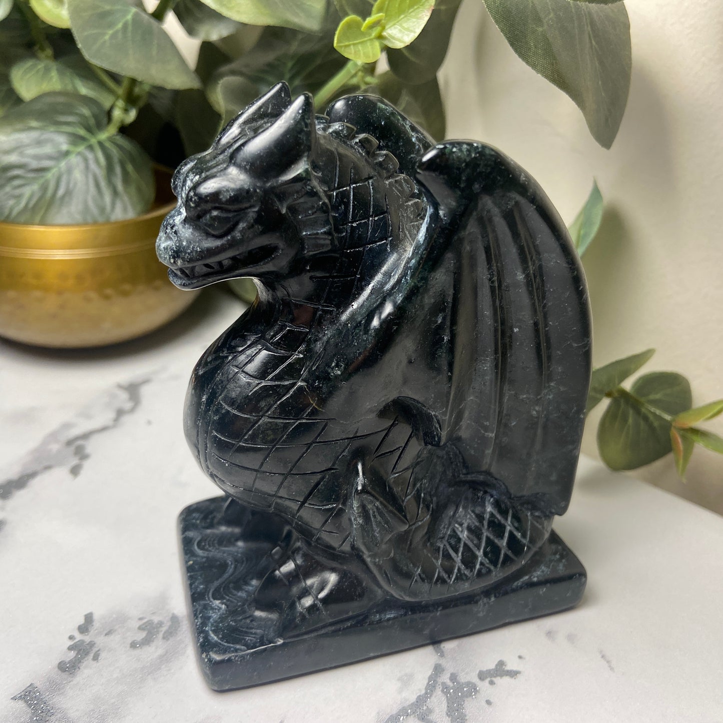 Black Jade Sitting Dragon Carving - Earth Elements UK