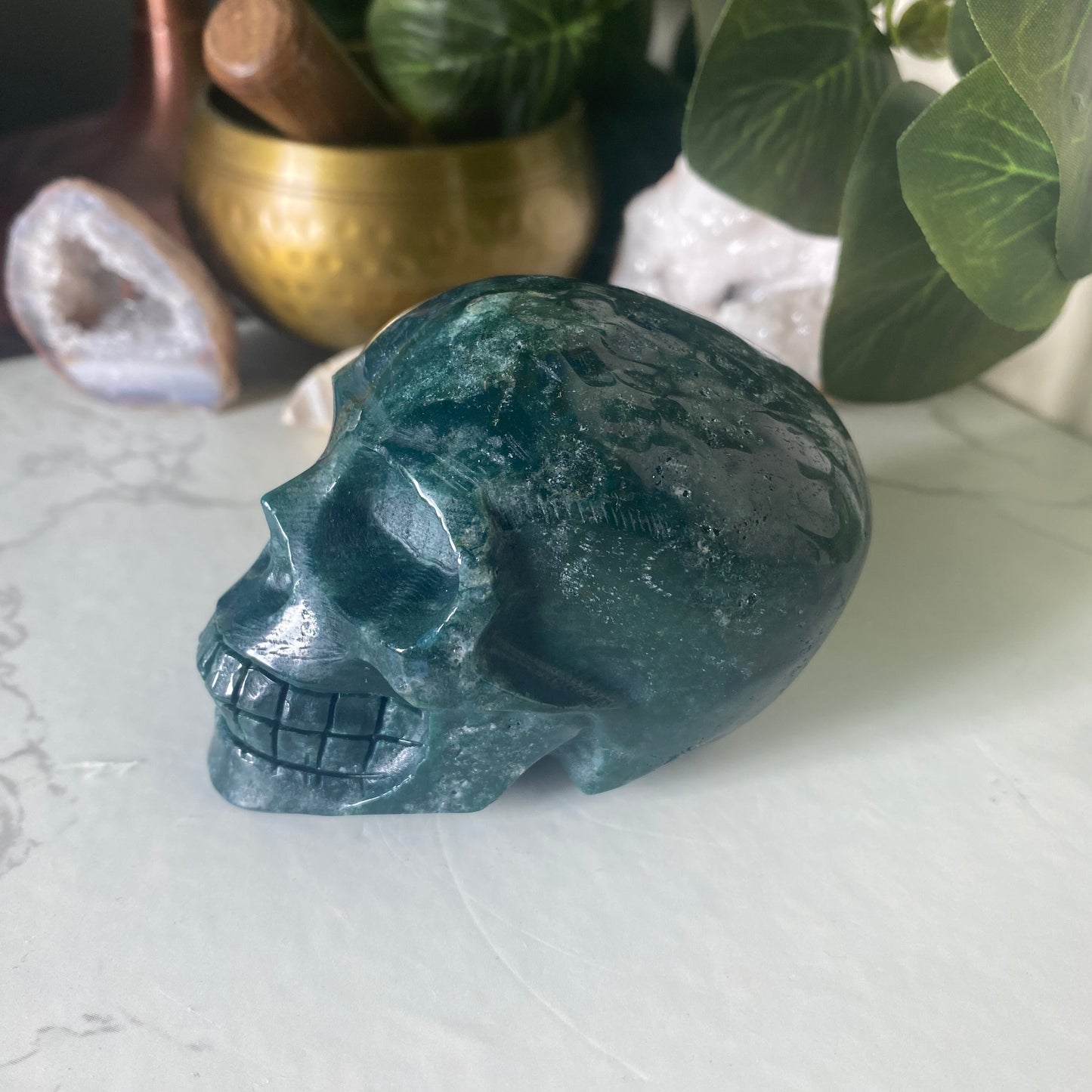 Medium Moss Agate Skull - Earth Elements UK