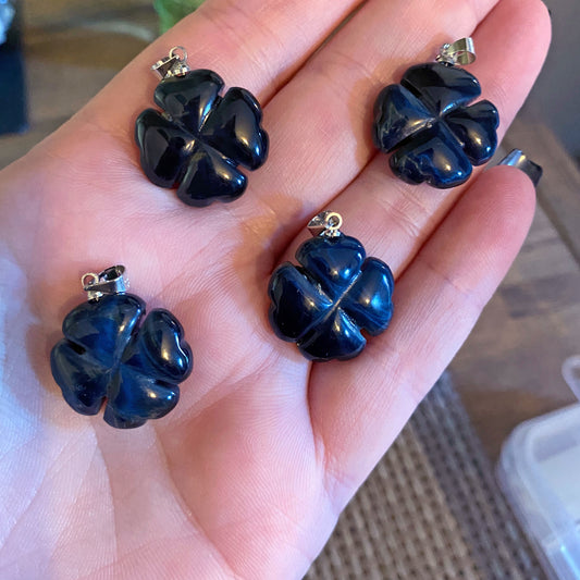 Blue Tiger Eye Four Leaf Clover Pendants - Earth Elements UK