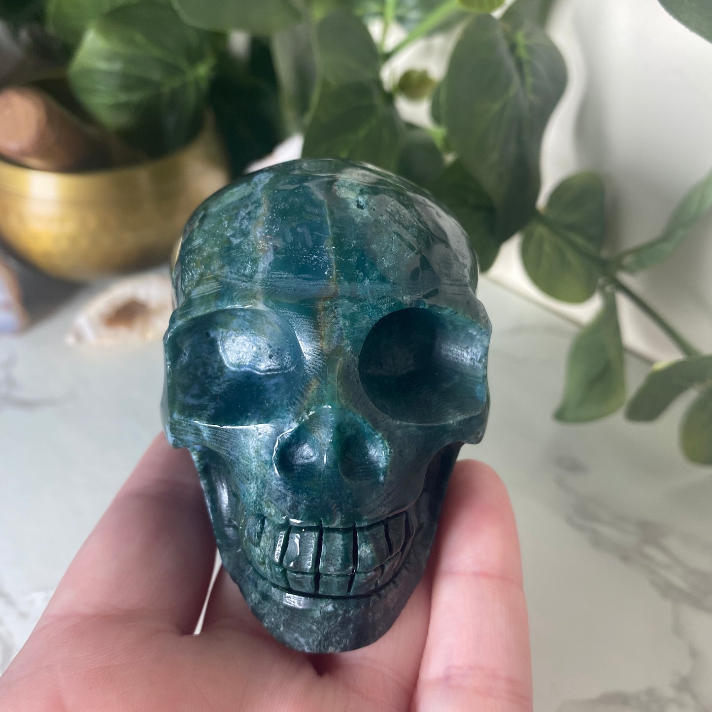 Medium Moss Agate Skull - Earth Elements UK