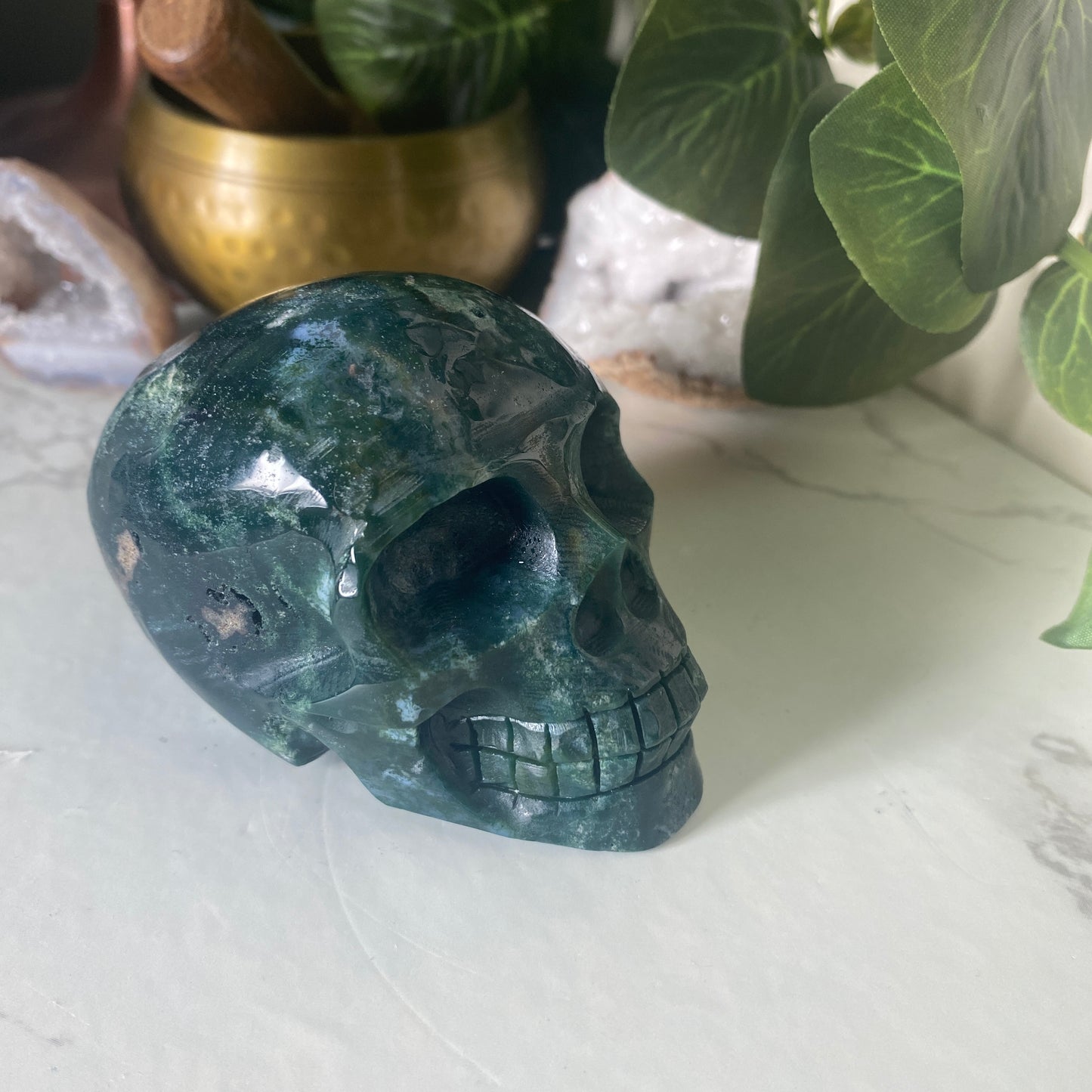Medium Moss Agate Skull - Earth Elements UK