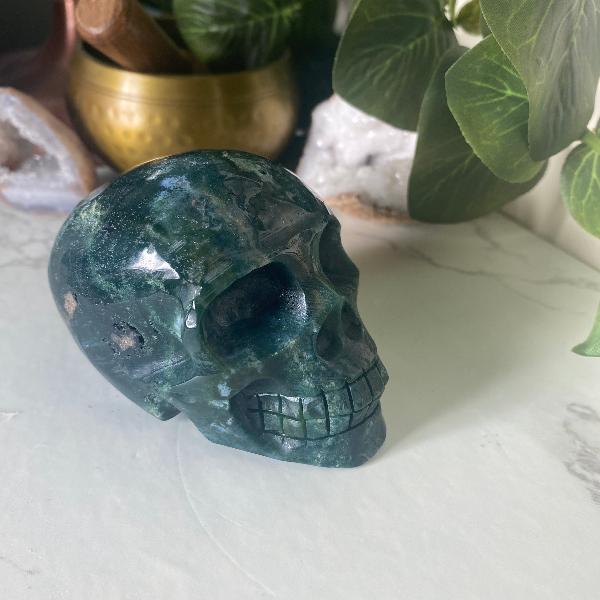 Medium Moss Agate Skull - Earth Elements UK