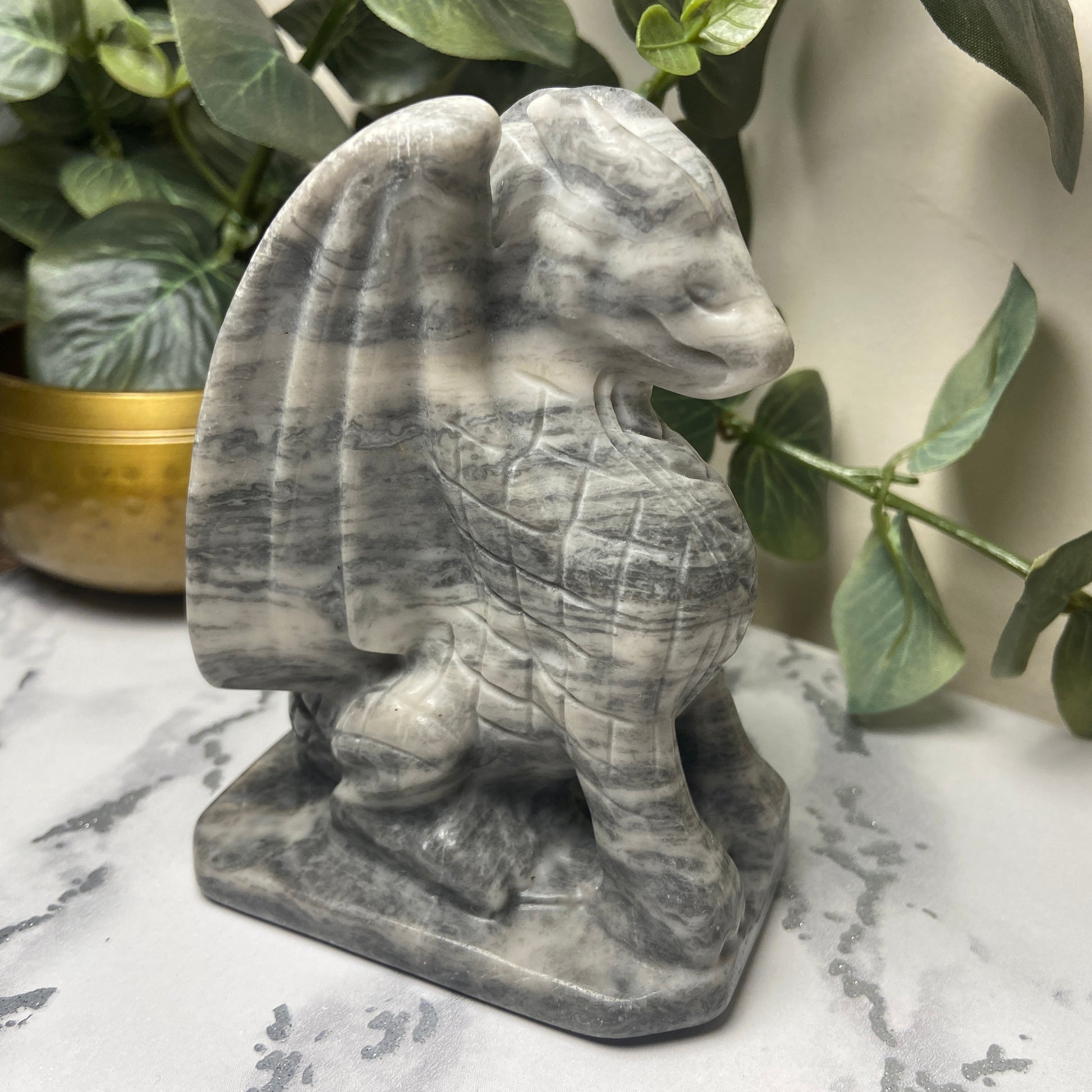 Grey Banded Jade Sitting Dragon Carving - Earth Elements UK