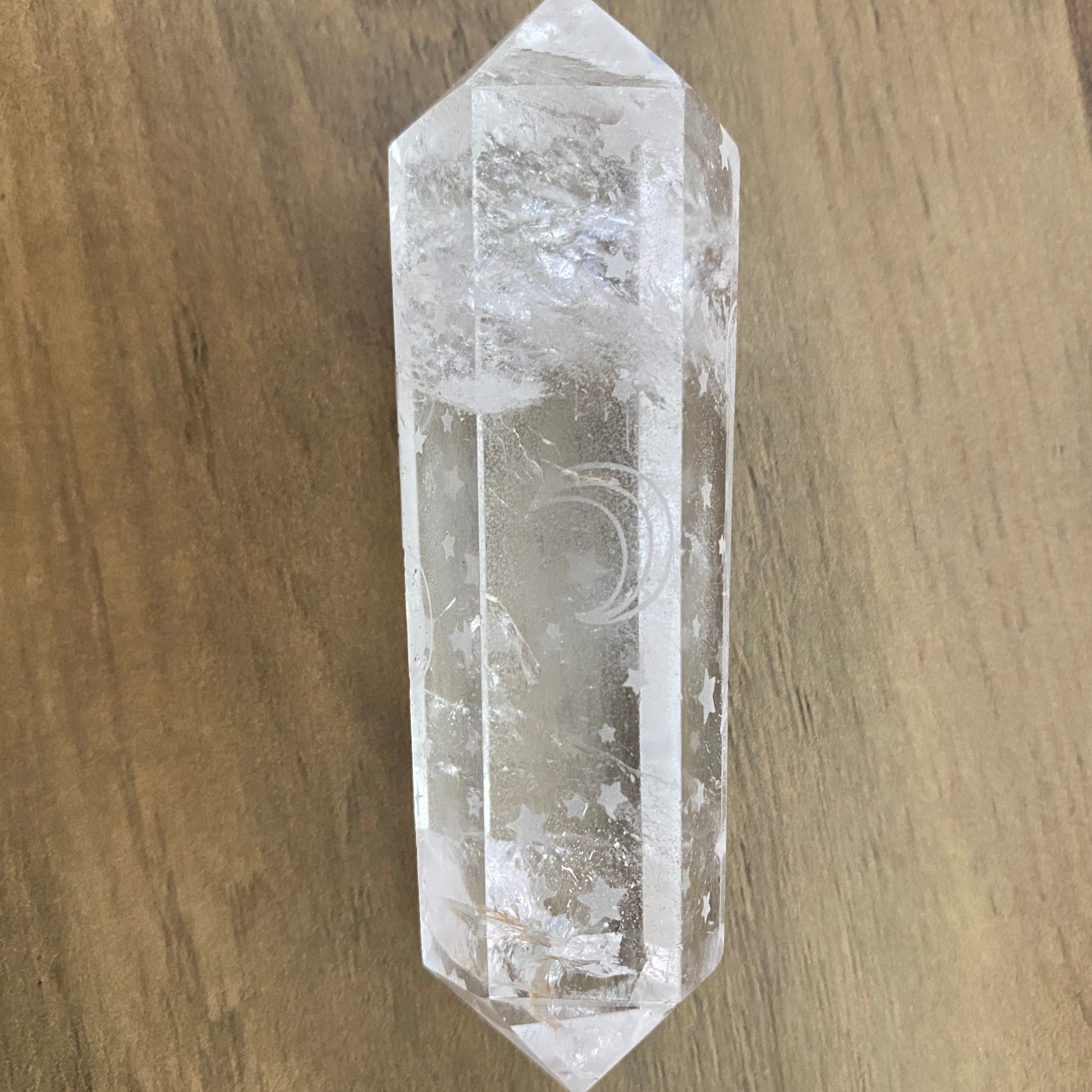 Double Terminated Clear Quartz Point with Star & Moon Detail - Earth Elements UK