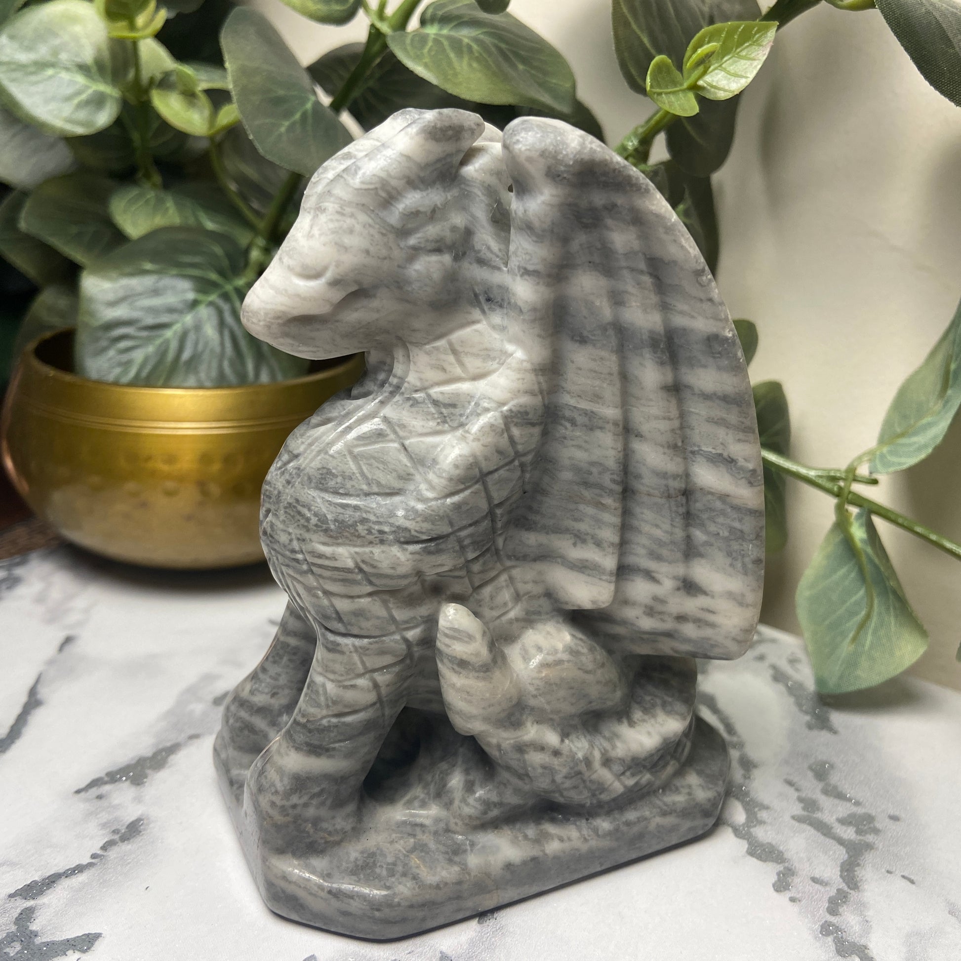 Grey Banded Jade Sitting Dragon Carving - Earth Elements UK