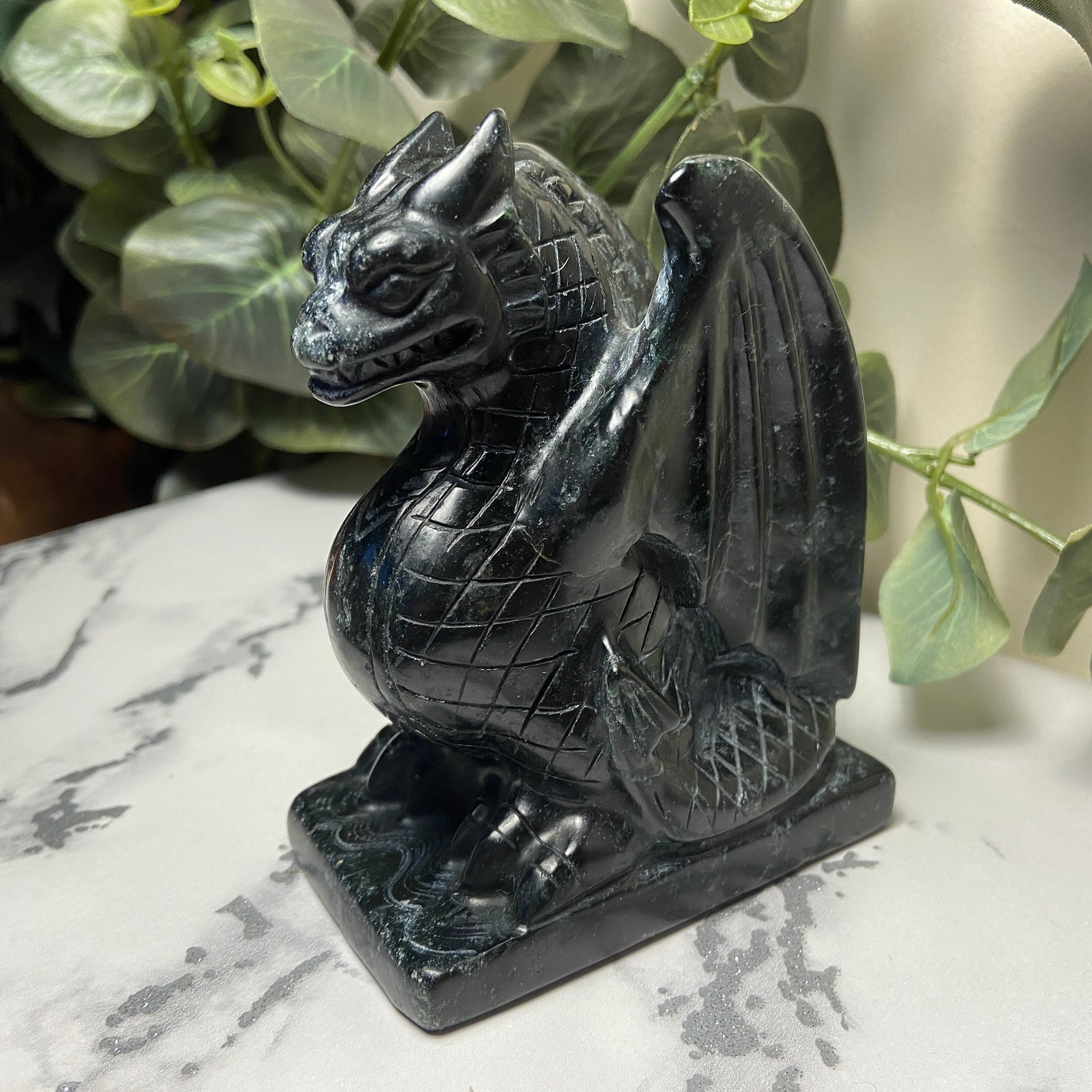 Black Jade Sitting Dragon Carving - Earth Elements UK