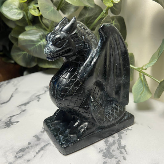 Black Jade Sitting Dragon Carving - Earth Elements UK