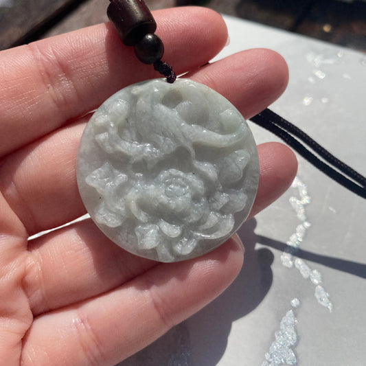 Green Jade Bird & Flower Design Carved Pendant - Earth Elements UK