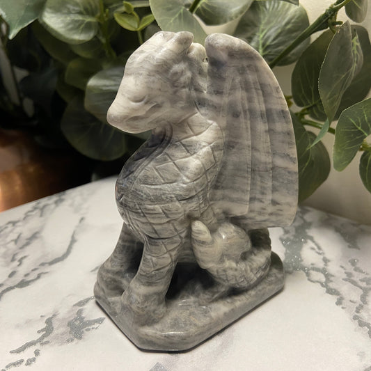 Grey Banded Jade Sitting Dragon Carving - Earth Elements UK