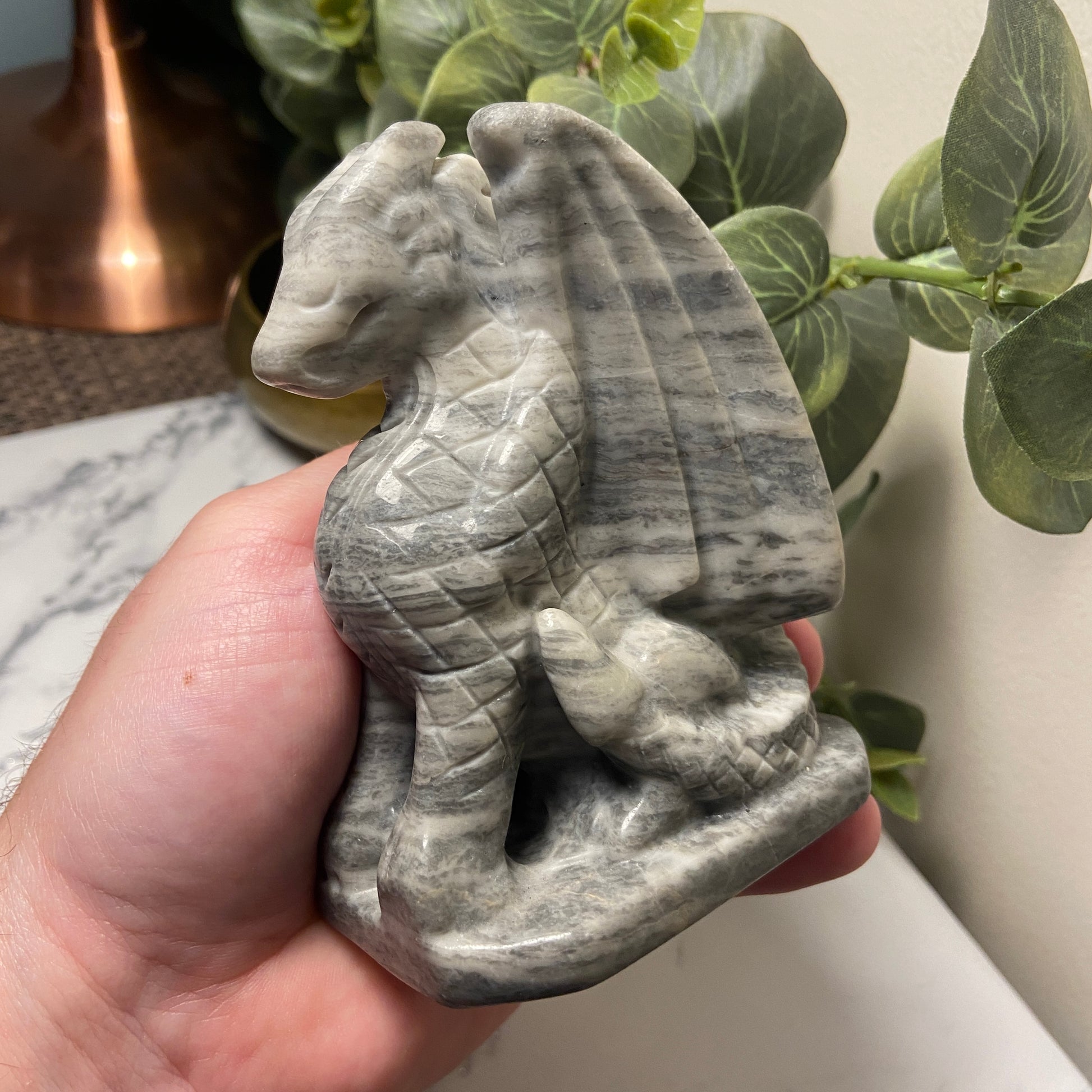 Grey Banded Jade Sitting Dragon Carving - Earth Elements UK